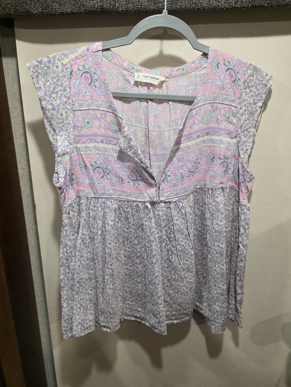 Lucky Brand Pastel Pink & Lavender Floral Peasant Top